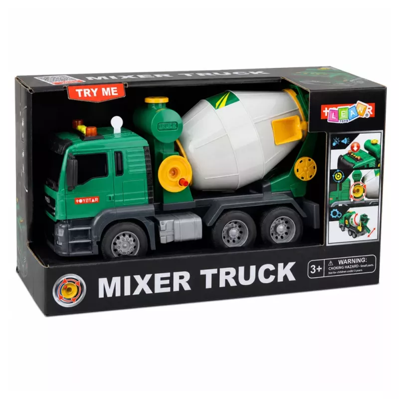 LEAN TOYS Betono maišyklės sunkvežimis su besisukančiu būgnu, šviesomis ir garsais, žalias