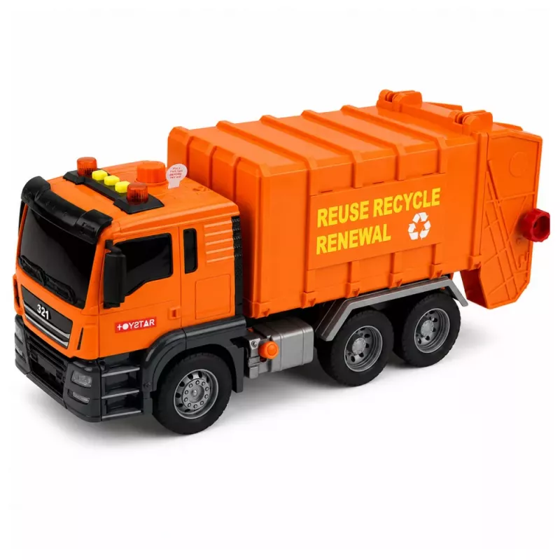 LEAN TOYS Šiukšliavežis su šiukšliadėžėmis, šviesomis ir garsais - oranžinis