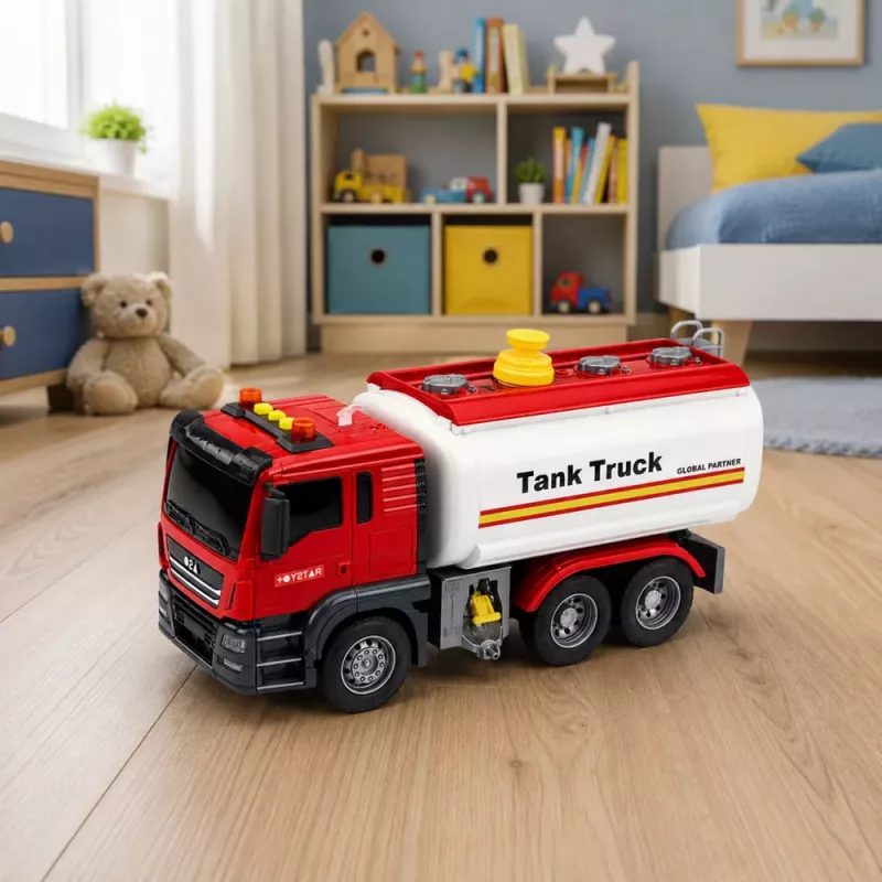 LEAN TOYS Truck Tanker Water System Hose Water Pouring Lights Sounds Red