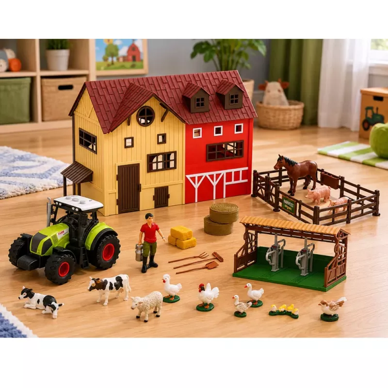 LEAN TOYS Ūkio rinkinys su traktoriumi, tvartu, gyvūnų figūrėlėmis ir aksesuarais, 44 vnt.