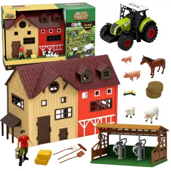 LEAN TOYS Ūkio rinkinys su traktoriumi, tvartu, gyvūnų figūrėlėmis ir aksesuarais, 44 vnt.