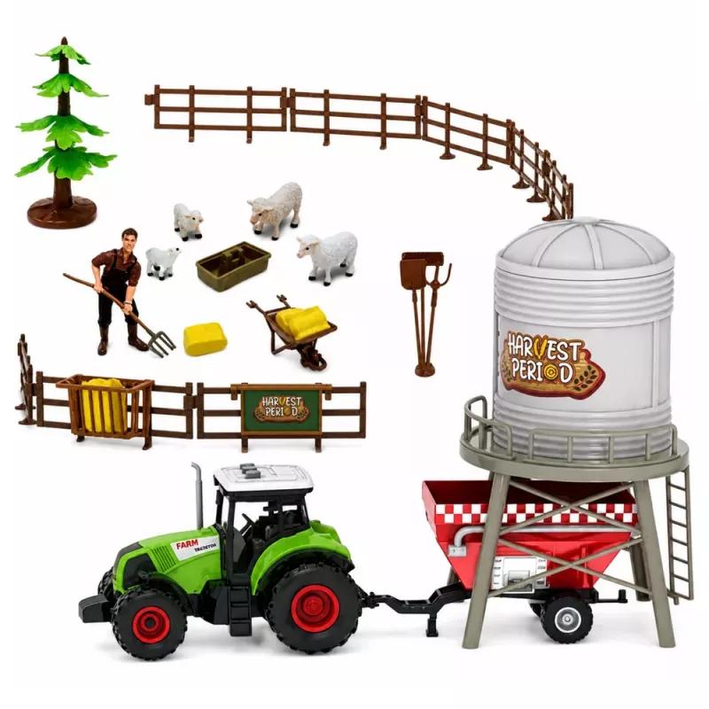 LEAN TOYS Ūkio rinkinys su traktoriumi, tvartu, silosu, figūrėlėmis, gyvūnais, įrankiais – 49 dalys