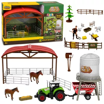 LEAN TOYS Ūkio rinkinys su traktoriumi, tvartu, silosu, figūrėlėmis, gyvūnais, įrankiais – 49 dalys