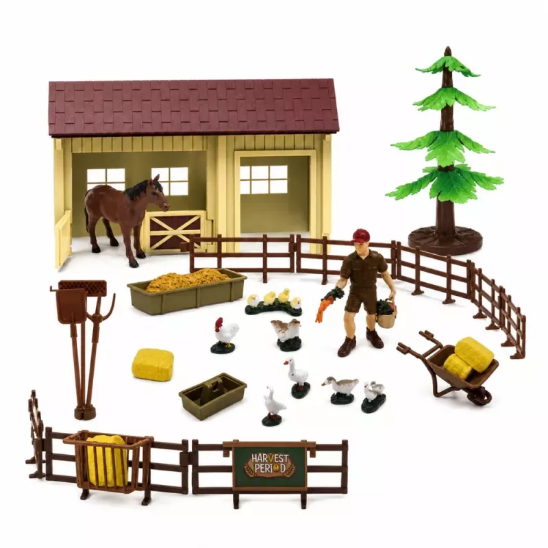 LEAN TOYS Ūkio rinkinys su traktoriumi, vėjo malūnu, tvartu, priekaba ir gyvūnų figūrėlėmis, 45 dalys