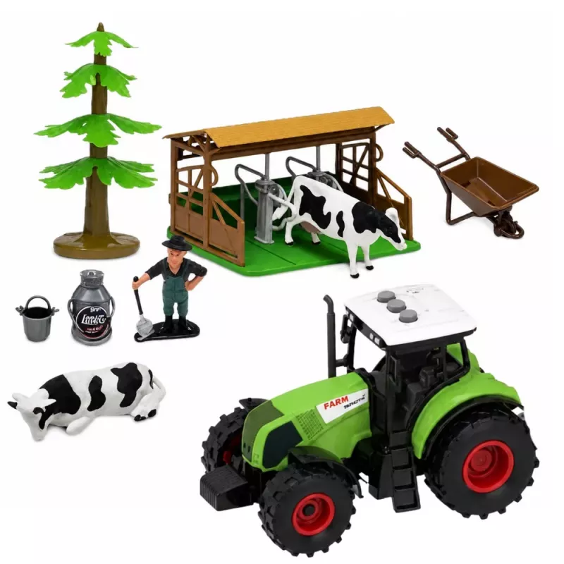 LEAN TOYS Ūkio rinkinys su traktoriumi, tvartu, gyvūnų figūrėlėmis ir aksesuarais, 37 vnt.