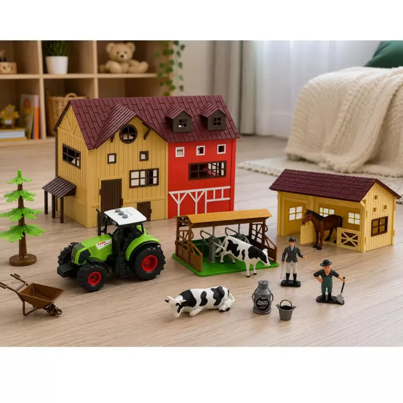 LEAN TOYS Ūkio rinkinys su traktoriumi, tvartu, gyvūnų figūrėlėmis ir aksesuarais, 37 vnt.