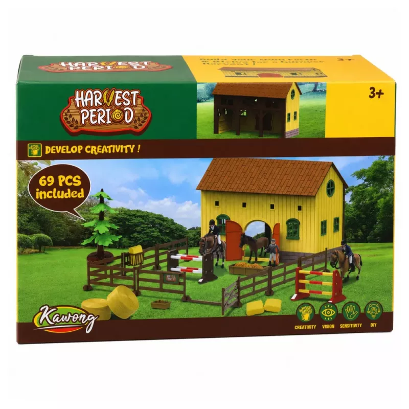 LEAN TOYS Ūkio arklidžių rinkinys su arkliais, kliūtimis, figūrėlėmis ir aksesuarais, 69 vnt.