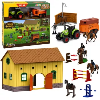 LEAN TOYS Rinkinys Ūkio Žirgynas Traktorius Kliūčių Ruožas Šokinėjimo Kalvos Žirgai Figūrėlės 72 vnt.