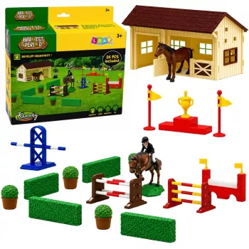 LEAN TOYS Setas „Ūkio arkliai“ Kliūčių ruožas Arklidės Arklių figūrėlės 26 vnt.