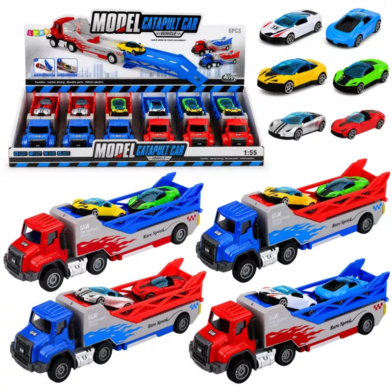 LEAN TOYS Sunkvežimis su rampa, transporteris, paleidimo automobilis, spyruoklinė pavara 1:55