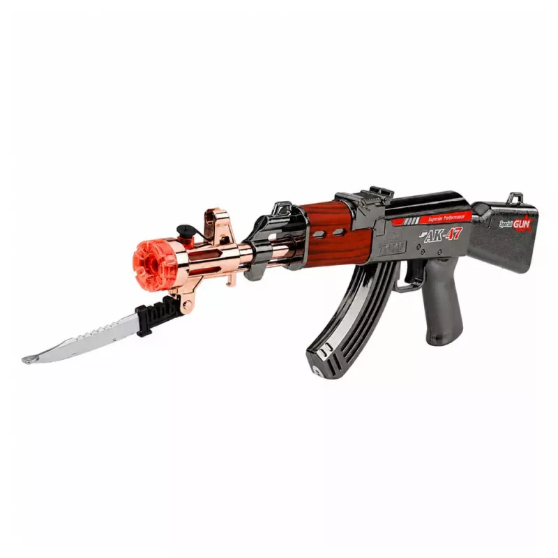LEAN TOYS AK47 šautuvas, baterijomis maitinamas ginklo rekvizitas su peiliu, dūmų efektu, šviesomis ir garsais