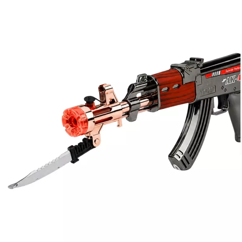 LEAN TOYS AK47 šautuvas, baterijomis maitinamas ginklo rekvizitas su peiliu, dūmų efektu, šviesomis ir garsais