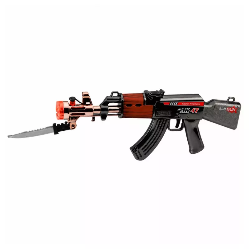 LEAN TOYS AK47 šautuvas, baterijomis maitinamas ginklo rekvizitas su peiliu, dūmų efektu, šviesomis ir garsais
