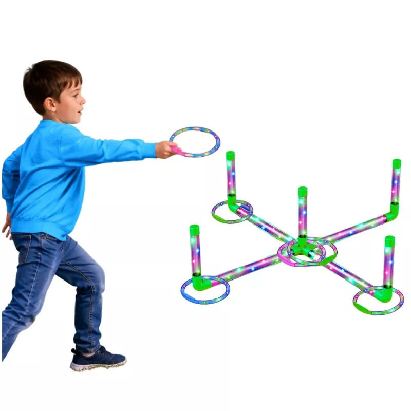 LEAN TOYS Ringo metimo įgūdžių žaidimas vaikams su LED šviečiančiais lankais ir stulpeliais