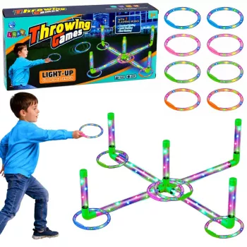 LEAN TOYS Ringo metimo įgūdžių žaidimas vaikams su LED šviečiančiais lankais ir stulpeliais