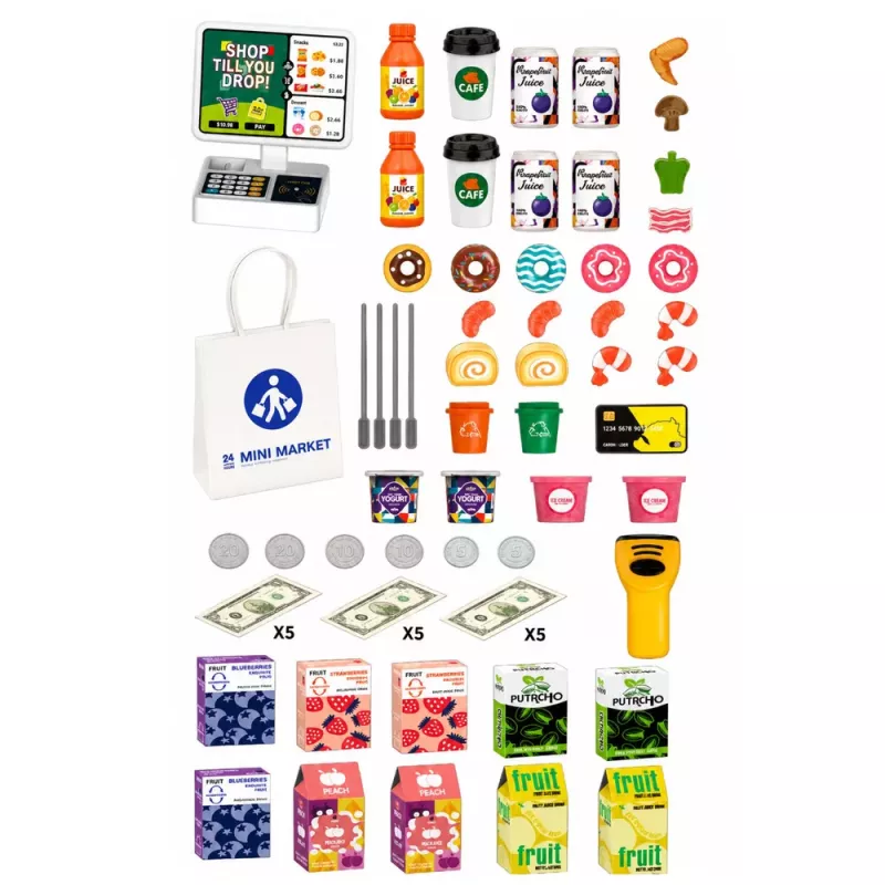 LEAN TOYS Supermarket Cash Register Scanner Beverage Dispenser Lights Sounds 65 pcs.