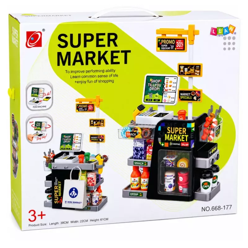 LEAN TOYS Supermarket Cash Register Scanner Beverage Dispenser Lights Sounds 65 pcs.