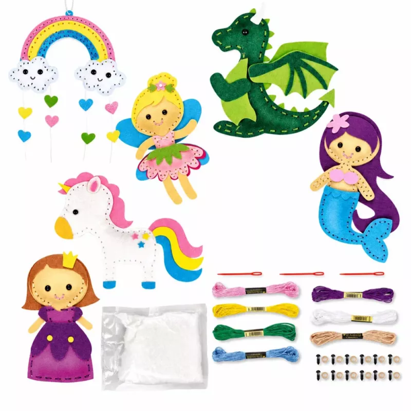 LEAN TOYS Kūrybinis veltinio siuvimo minkštų žaislų rinkinys Pasakų šalis „Pasidaryk pats“ 6 vnt.