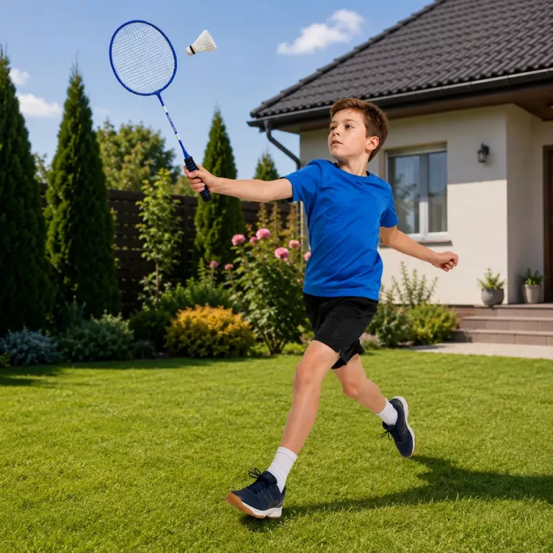LEAN TOYS Badminton komplektas su raketėmis, volanėliais ir dangalu, mėlynas