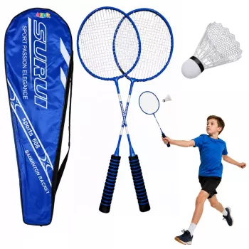LEAN TOYS Badminton komplektas su raketėmis, volanėliais ir dangalu, mėlynas