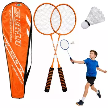 LEAN TOYS Badminton komplektas su raketėmis, volanėliais ir dėklu, oranžinis
