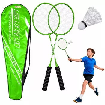 LEAN TOYS Badminton komplektas su raketėmis, volanėliais ir dėklu, žalia
