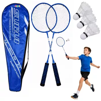 LEAN TOYS Badminton rinkinys su 2 raketėmis, 3 volanėliais ir nešiojimo dėklu - mėlyna
