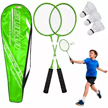 LEAN TOYS Badminton komplektas su 2 raketėmis, 3 volanėliais ir dėklu, žalias