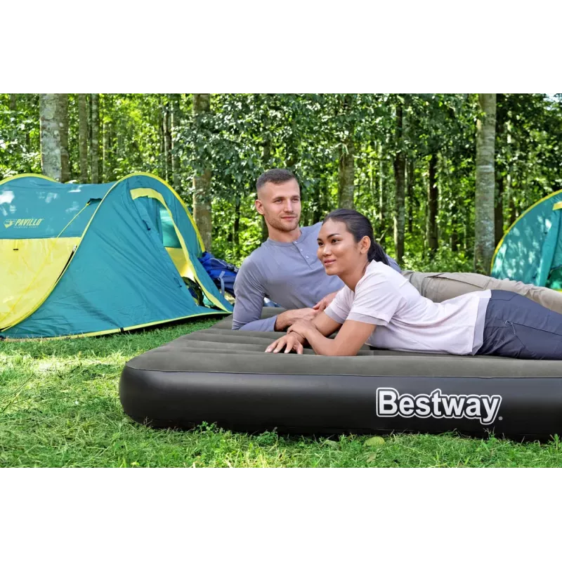 Bestway Pavillo Inflatable Airbed Queen 203x152x25 cm su įmontuotu kojiniu siurbliu, flokuotu viršumi, spiralinių sijų konstrukcija, pilka/mėlyna