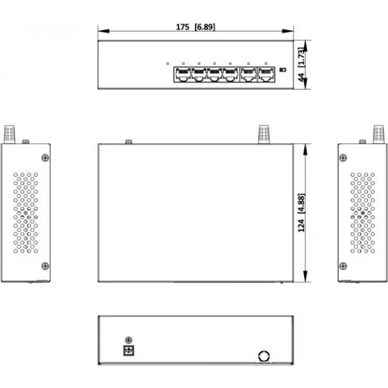 Hikvision DS-XS06-P(O-STD) 6 prievadų nevaldomas PoE+ jungiklis (4 PoE prievadai, 2 Gigabit kylantys ryšiai, 60W biudžetas, DIN bėgelis)