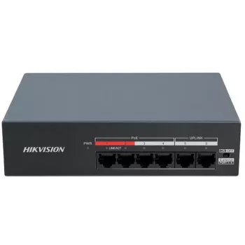 Hikvision DS-XS06-P(O-STD) 6 prievadų nevaldomas PoE+ jungiklis (4 PoE prievadai, 2 Gigabit kylantys ryšiai, 60W biudžetas, DIN bėgelis)