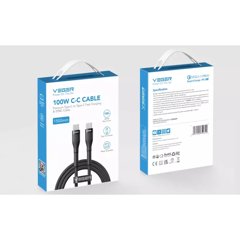 VEGER USB-C į USB-C PD 100W laidas 1,5 m, juodas