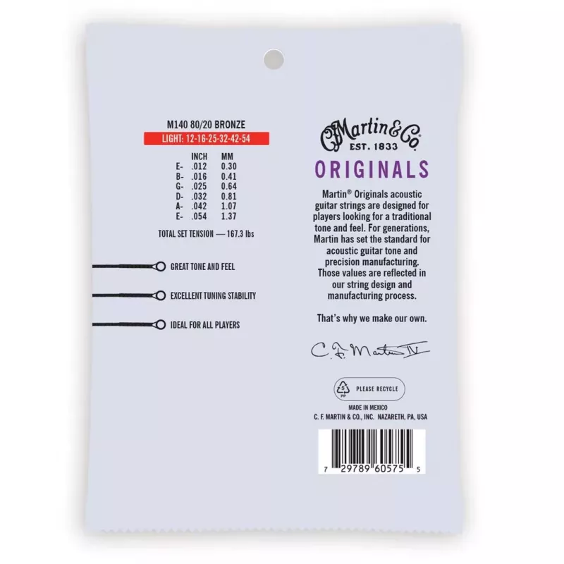 Martin MA140 Light (12-54) akustinės gitaros stygos - 80/20 bronza, 6 stygų rinkinys