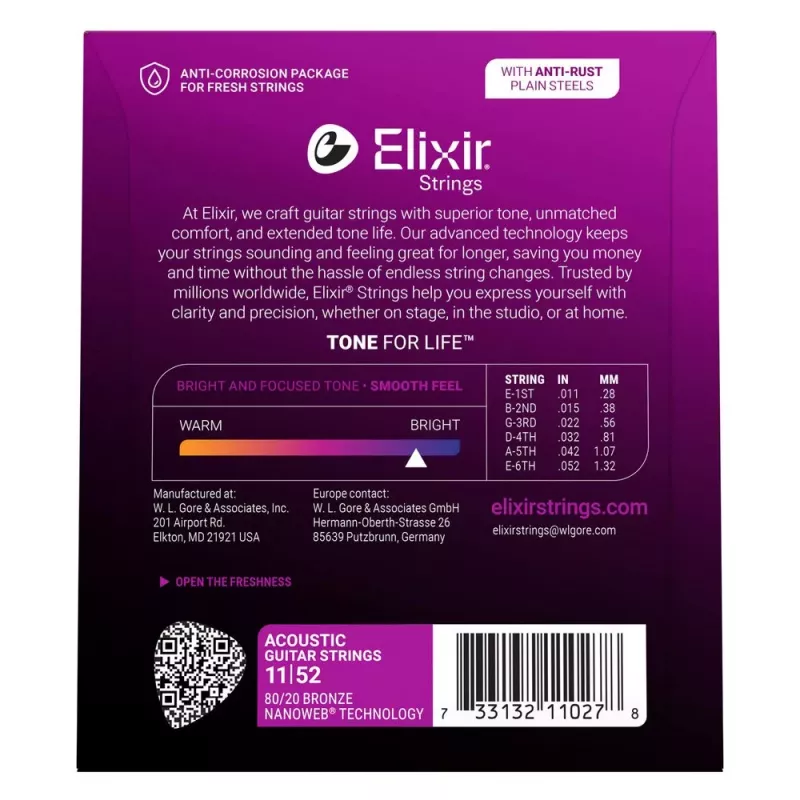 Elixir Strings 11027 Custom Light NANOWEB akustinės gitaros stygos (11-52)