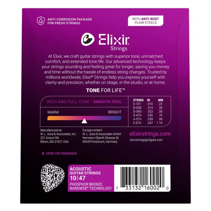 Elixir 16002 NANOWEB Phosphor Bronze Extra Light akustinės gitaros stygos (10-47)