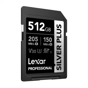 Lexar Professional SILVER PLUS SDXC 512GB atminties kortelė, UHS-I, U3, V30, A2, iki 200MB/s skaitymo, 140MB/s rašymo