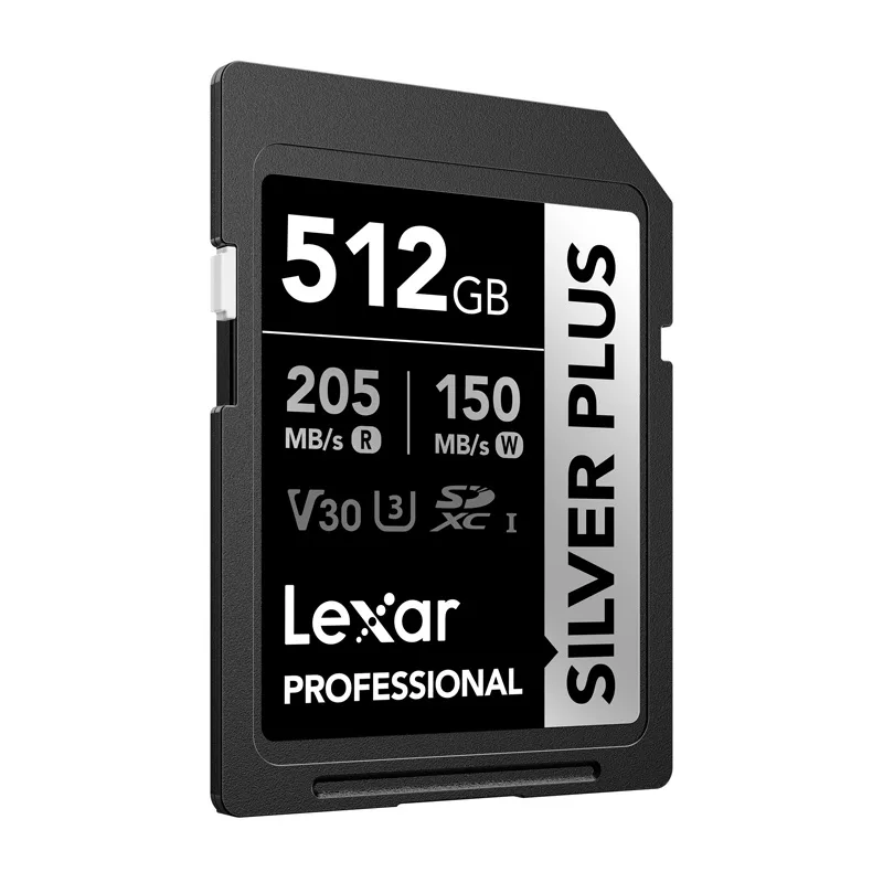 Lexar Professional SILVER PLUS SDXC 512GB atminties kortelė, UHS-I, U3, V30, A2, iki 200MB/s skaitymo, 140MB/s rašymo