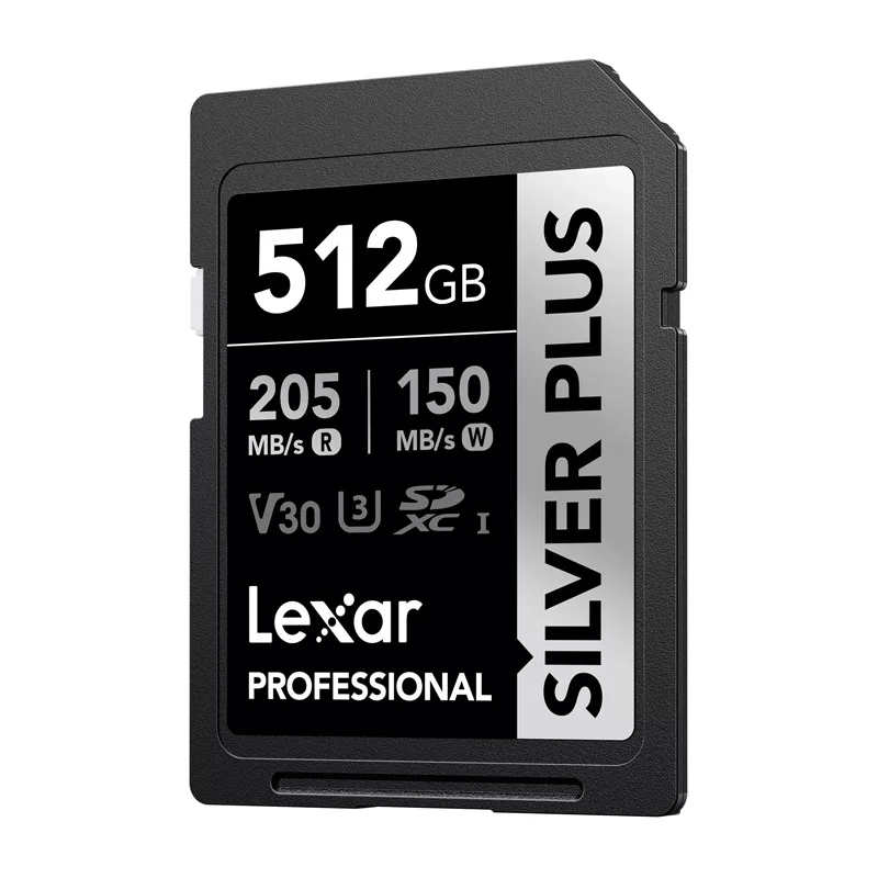 Lexar Professional SILVER PLUS SDXC 512GB atminties kortelė, UHS-I, U3, V30, A2, iki 200MB/s skaitymo, 140MB/s rašymo