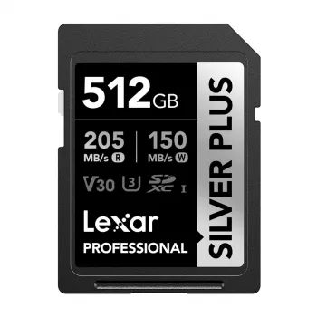 Lexar Professional SILVER PLUS SDXC 512GB atminties kortelė, UHS-I, U3, V30, A2, iki 200MB/s skaitymo, 140MB/s rašymo