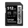 Lexar Professional SILVER PLUS SDXC 512GB atminties kortelė, UHS-I, U3, V30, A2, iki 200MB/s skaitymo, 140MB/s rašymo