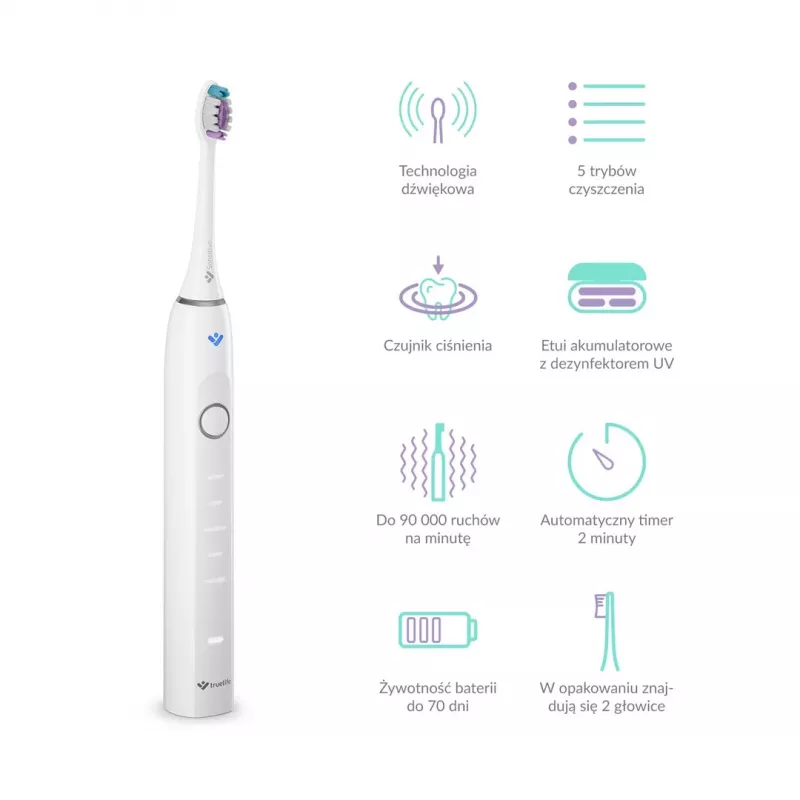 TrueLife SonicBrush Clean70 UV dantų šepetėlis su UV sterilizatoriumi, 5 režimai, 3 šepetėlių galvutės, kelioninis dėklas, juodas