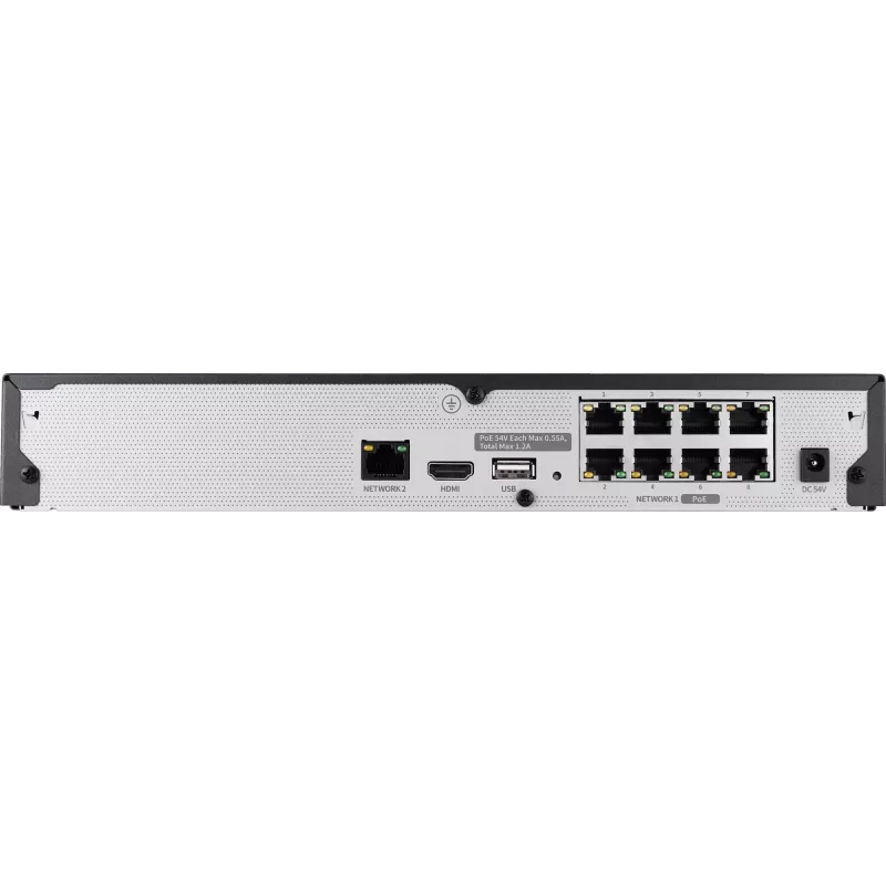 Hanwha Vision tinklo vaizdo registratorius 8 IP kanalai H.265 60Mbps be HDD HDMI PoE Switch