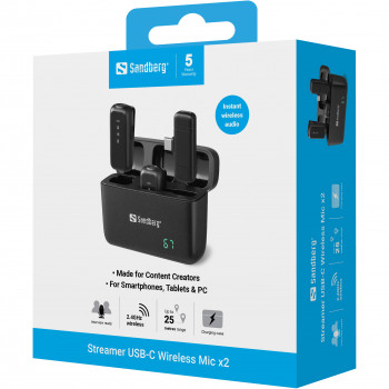 SANDBERG Streamer USB-C belaidis mikrofonas x2 - dviejų mikrofonų rinkinys - 20 Hz - 20 kHz