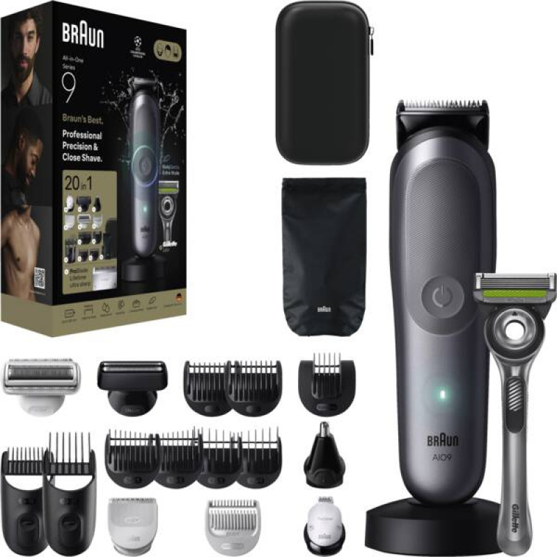 Braun AIO 9540 All-in-One stiliaus rinkinys, šlapias ir sausas elektrinis skustuvas ir trimeris, 60 min veikimo laikas, 7 priedai, juodas