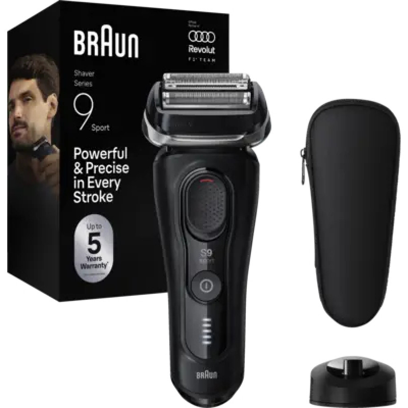 Braun Series 9 Sport 9110s elektrinis skustuvas, šlapias ir sausas, SyncroSonic technologija, 5 skutimo elementai, 60 min veikimo laikas, LED ekranas, precizinis trimeris, juodas/pilkas