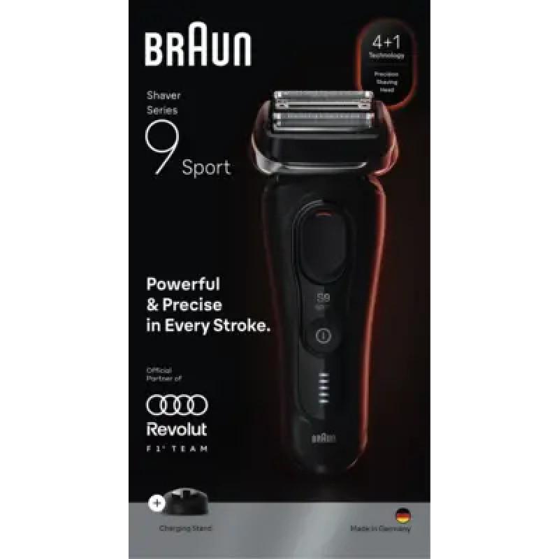 Braun Series 9 Sport 9110s elektrinis skustuvas, šlapias ir sausas, SyncroSonic technologija, 5 skutimo elementai, 60 min veikimo laikas, LED ekranas, precizinis trimeris, juodas/pilkas