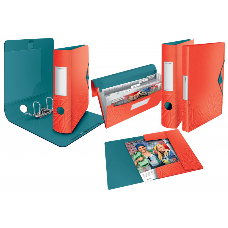 LEITZ Active Urban Chic segtuvas su svirtiniu mechanizmu, 180°, 65 mm, šviesiai raudonas, A4, polifoamas, Duo-Optik, apvalus nugarėlė 1117-00-20