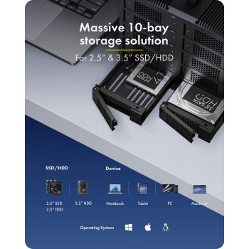 ICY BOX IB-3710-C31 10 skyrių USB 3.2 Gen 2 JBOD korpusas, skirtas 2,5 colio/3,5 colio SATA HDD/SSD, vieno režimo, USB-C į C kabelis, 200 W maitinimo šaltinis, juodas