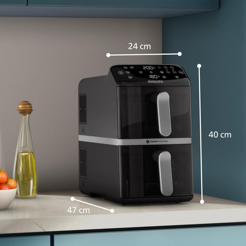 Philips Ovi Stacked Dual Basket 4000 oro gruzdintuvė 9L 2700W juoda ir sidabrinė NA461/00