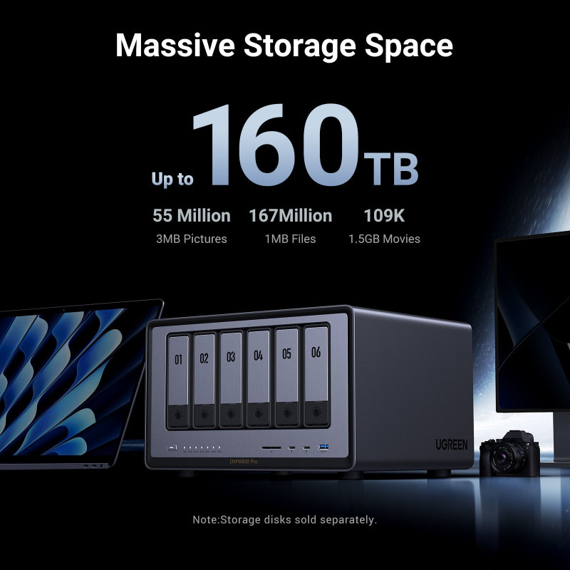 Ugreen NASync DXP6800 Pro 6 skyrių NAS sistema, Intel Core i5-1235U, 8GB DDR5, 2x10GbE + 2x2.5GbE, 2xM.2 NVMe, 2xUSB3.2 Gen2, HDMI, PCIe 4.0 25899